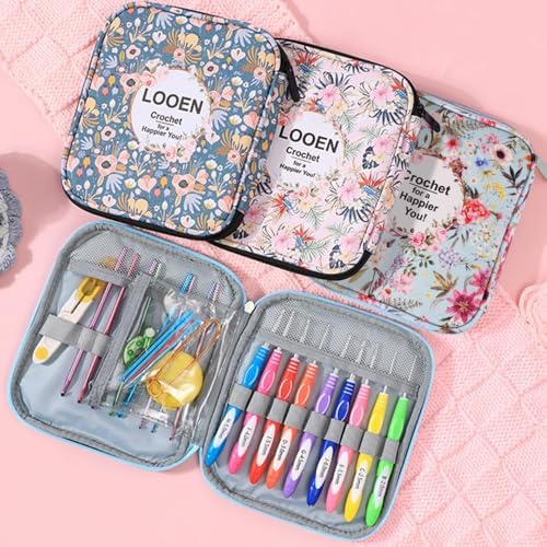 Crochet Hook Case,Portable Zipper Storage Organizer Bag for Crochet Hooks, Knitting Needles, Project & Sewing Supplies, Lightweight,Easy to Hold (No Accessories Included).Pink Flower