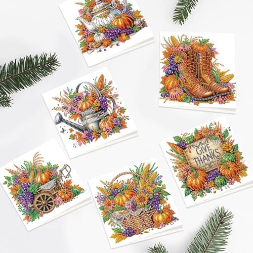 6 Pack Thanksgiving Diamond Painting Greeting Card Kits, DIY Fall Harvest Rhinestone Cards with Envelopes, Autumn-Themed Diamond Art Craft Set with Pumpkins, Corn, Grapes and Give Thanks Message
