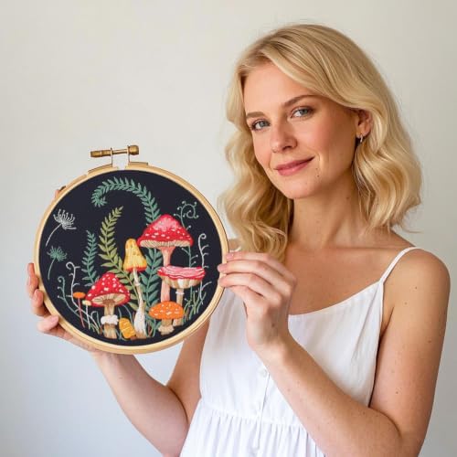 Myfelicity Embroidery Kit with Mushroom Patterns, 3 Hoops, Fabric, Threads, Needles, Instructions (red)