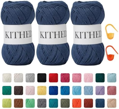 Cotton Chainette Yarn,4 Medium (Worsted)-10oz,3 Pack,Knitting Yarn for Beginners,Thicker for Crocheting and Knitting (45 Denim Blue)