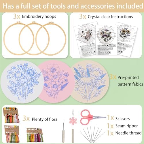 Ohcol 3 Sets Embroidery Kit for Beginners Cross Stitch Kits Needlepoint Kits Crafts for Adults with 3 Embroidery Hoops Easy-to-Follow Operating Instructions,Needle Point Kits with Flowers Patterns