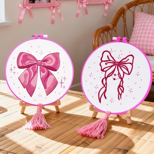 2 Sets Pink Hand Embroidery Kits for Beginners Adults, Cute Bow Embroidery Starter Kits, Cross Stitch Kits for Beginner Needlepoint DIY Kits for Adult, 2 Set Embroidery Hoops, Thread & Video Tutorial