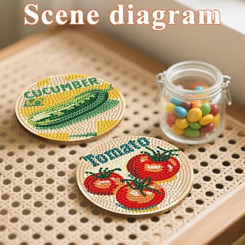 DOTSOPS 6 Pcs Vegetable Diamond Painting Coasters with Holder for Beginners