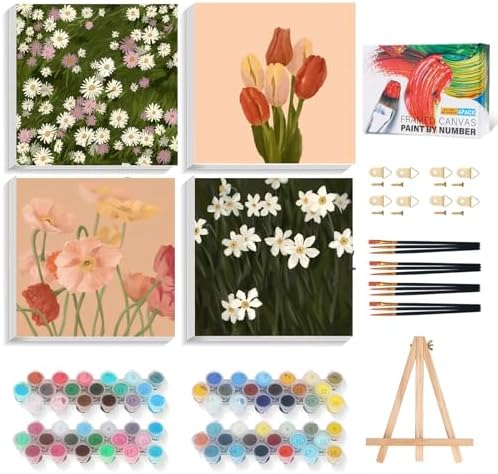 4 Pack Framed Paint by Numbers Kit for Adults Beginner with Wooden Easel, Vintage Flowers Easy Paint by Numbers with Frame, DIY Floral Number Painting for Adults Canvas for Home Decor Gift 10x10 Inch