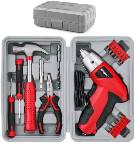 Hi-Spec 3.6V USB Small Power Screwdriver & Home DIY Tool Kit with Case, Red | 19pc, fast assembly help, common screw bit selection, LED visibility, compact grip, quick household fixes, organized storage