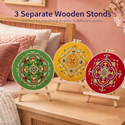 Qupace 3 Pcs Boho Embroidery Kits for Beginners Adults,Red Cross Stitch Sewing Craft Set with 3 Embroidery Hoops & 3 Finished Stands, Floral Pattern Needlework Kit