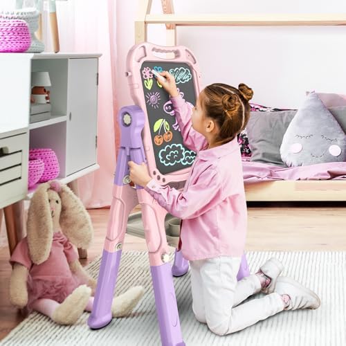 Amagoing Easel for Kids, Adjustable Standing Art Easel for Toddler, Double Side White Chalk Board with Painting Accessories, Birthday Christmas Gift for Little Girls and Boy Age 3 4 5, Pink