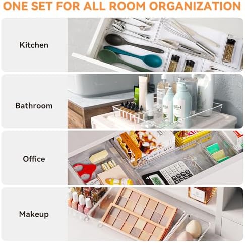 6 Pack Large Clear Plastic Drawer Organizer Trays, Acrylic Kitchen Drawer Organization and Storage Dividers, Non-Slip Storage Bins for Makeup, Kitchen Utensils, Bathroom, Jewelries and Office Desk