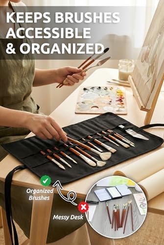 30-Slot Roll-Up Canvas Brush Holder with Lay-Flat Design, Black Brush Case