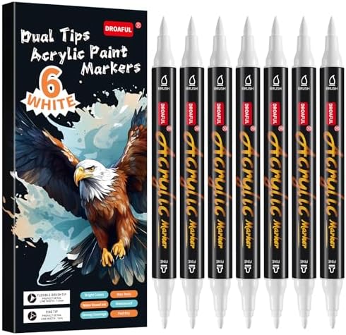 6 Pc White Acrylic Paint Pens Markers, Dual Tips Waterproof Paint Markers