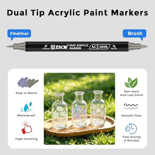 ZSCM 12 Gray Acrylic Paint Markers, Dual Fine & Brush Tip Acrylic Pens