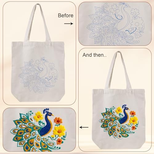 Louise Maelys Peacock Flower Embroidery Kit for Beginners Canvas Tote Bag