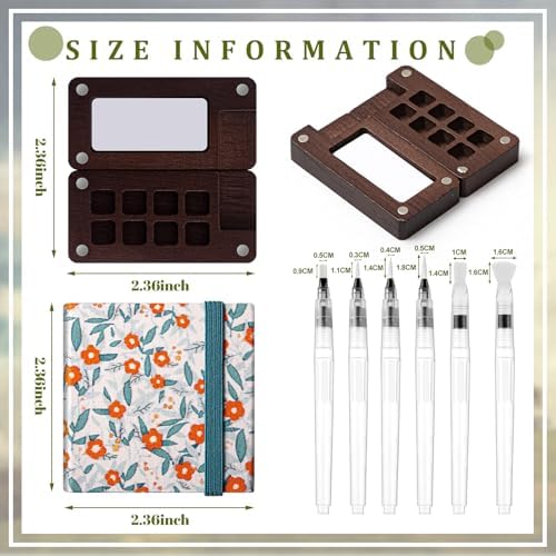 Qilery Mini Portable Watercolor Palette Set Wooden Grid Paint Box Watercolor Paper Sketch Book Brush Pens with Binder Clip for Painters Artist Not Include Paint(Blue Flowers)
