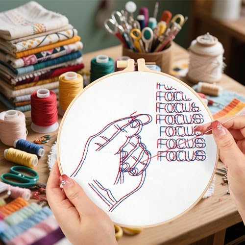 Crafmanoe Easy Hand Embroidery Kits for Beginners Adults, Focus Embroidery Starter Kits, Counted Cross Stitch Kits for Beginners Craft Kits for Adults Women, Embroidery Hoops, Thread & Video Tutorial