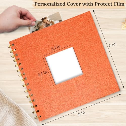 8"x8" Scrapbook Photo Album Linen Cover 20 Sheets 40 Pages White Paper | Orange Hardcover Kraft White Pages Memory Book, for Travel Wedding Guest Book Christmas Baby Fits 4x6 & Instant Photos