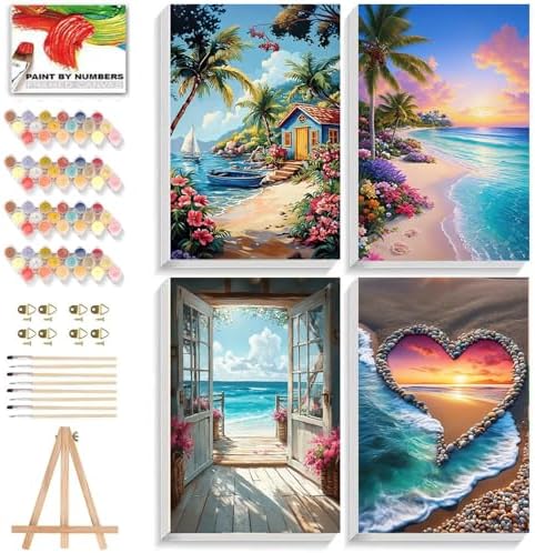 ICYANART 4 Pack Beach Paint by Numbers for Adults with Framed and Easel