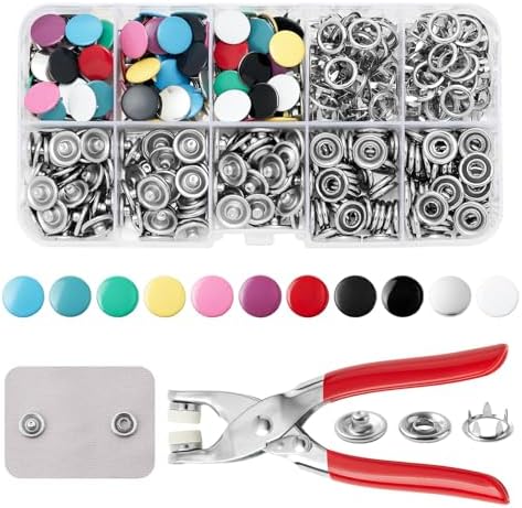 DEVPSISR 100 Sets Metal Snaps Buttons with Fastener Pliers Press Tool Kit Perfect for DIY Crafts Clothing Sewing, 9.5mm Snap Button Fasteners Kit（Color Solid）