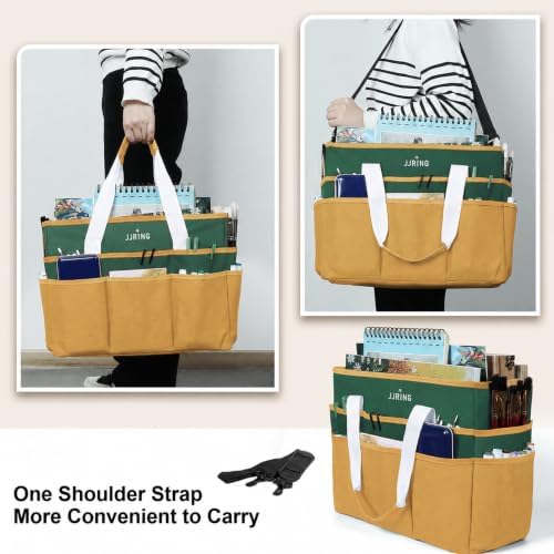 JJRING Craft Organizer Tote Bag Large Art Storage Caddy Deep Green&Yellow | With Multiple Pockets For Sewing, Scrapbooking, School, Medical, And Office Supplies