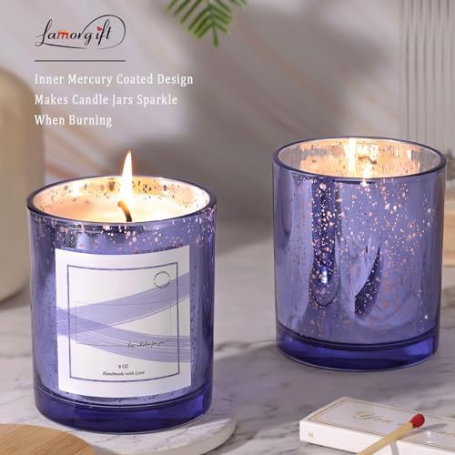 LAMORGIFT 12 Pack Glass Jars with Lids (10oz, Purple) - Making Containers for Candles - Mercury Glass Jars Include 15 Pcs Labels
