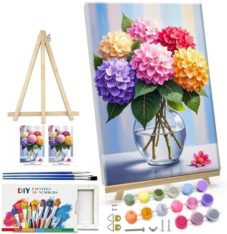 ATDMS Paint by Numbers Kit for Adults Flowers Paint by Number with Frame Hydrangea Paint by Number with Easel DIY Floral Oil Painting by Numbers for Gift Home Wall Decor 8x12 Inch