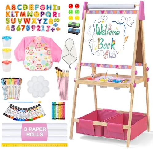 Pink 3-in-1 Wooden Kids Art Easel, Magnetic Whiteboard & Chalkboard