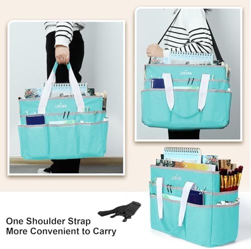 JJRING Craft Organizer Tote Bag Large Art Storage Caddy Sky Blue | With Multiple Pockets For Sewing, Scrapbooking, School, Medical, And Office Supplies