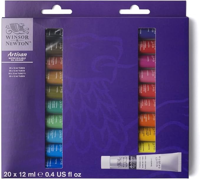 Winsor & Newton Artisan Water Mixable Oil Paint Set, 20 x 10ml Tubes | Clean with water; no solvents needed. Color depth, lightfastness, opacity/transparency are the same as traditional oils.