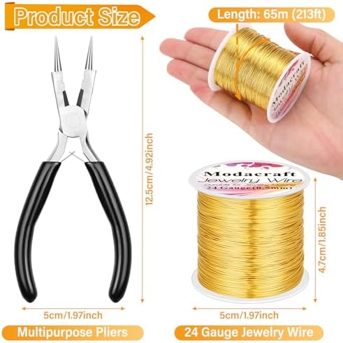 ModaCraft 24 Gauge Sweet Spot Jewelry Wire Gold (213ft/65m) + 4-in-1 Comfort Grip Pliers | Tarnish Proof Copper Craft Wire for Wire Wrapping, Beading & Charm Bracelets | Jewelry Making Starter Kit