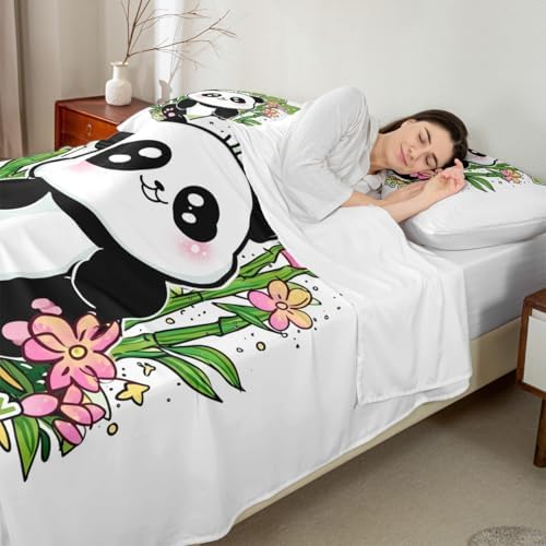 Cartoon Panda Bed Sheet Set King Size Cute Animal Mattress Cover Lively Leaves Flowers Print Sheets for Boys Girls Bedroom White Green with Flat,Fitted Sheet Pillowcase 4Pcs