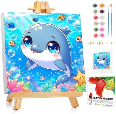 XTCIXAL Paint by Numbers Kit for Kids with Frame, Dolphin, 8X8 inch