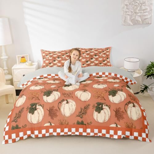 Erosebridal Fall Pumpkin Duvet Cover Queen Size Autumn Leaf Bedding Set for Adults Teens Women Orange Thanksgiving Comforter Cover Harvest Bedclothes Room Decor