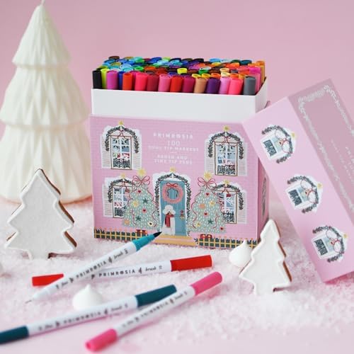 Primrosia 100 Dual Tip Marker Pens, Fineliner and Watercolor Brush Pens for Art Sketching Illustration Calligraphy or Journals Drawing Coloring (Christmas House)
