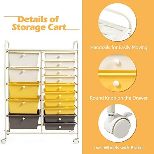 GOFLAME 15-Drawer Rolling Storage Cart, Craft Storage Cart with Removable Drawers & Lockable Wheels, Art Cart Supply Storage Organizer for Home Office Classroom, Yellow