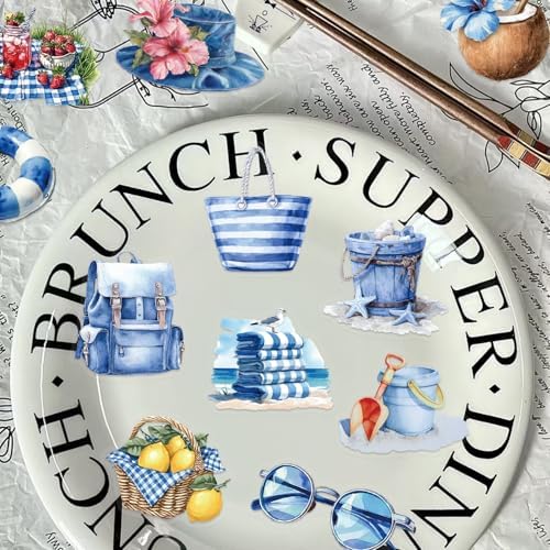 50PCS Transparent Blue Beach Stickers Aesthetic PET Stickers Blue Ocean Decal Waterproof Decorative Decals for Scrapbook DIY Crafts Album Bullet Journal Planner Water Bottles Laptop Phone (Blue-A)