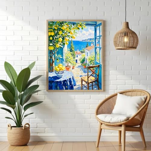 VeGuude Diamond Art Lemons Kits for Adults, Full Drill Italy Coast Wall ArtDiamond Painting Kits for Beginners, DIY Full Rhinestone 5D Diamond dots (Gemstone Craft), Home Wall Decoration (12x16 inch)