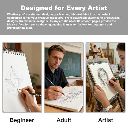 Sketchbook and Pencil Set - Spiral Bound Hardcover with 60 Sheets & 12 Charcoal Pencils (Hard/Medium/Soft) for Professional Artists and Beginners