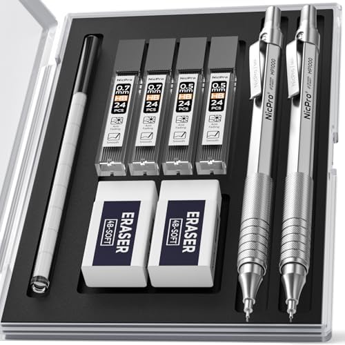 Nicpro 2 PCS Metal Mechanical Pencil 0.5mm & 0.7 mm with Case