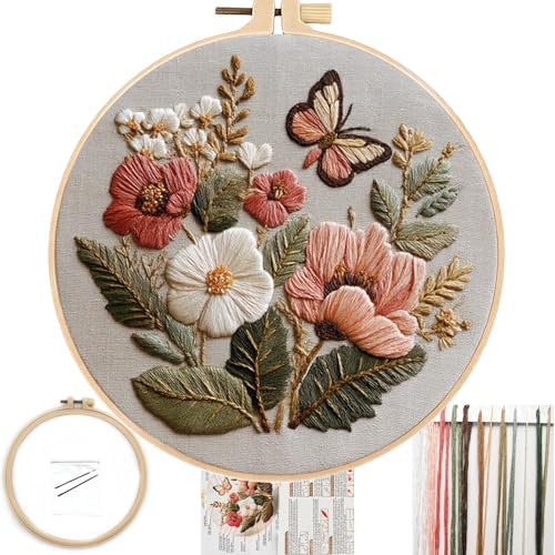 FONNUY Boho Floral Embroidery Kit, Pre-Stamped Butterfly Frolicking in Blooms Patterns Kits for Adults and Beginners, Handmade DIY Crafts Set, Color Thread Needlework, 8'' Hoop (Pink A1)