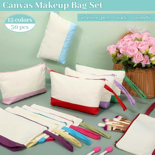 Silkfly 30 Pcs Cotton Canvas Makeup Bags Cosmetic Zipper Bags 10.2 x 5.5 x 2'' Blank DIY Pouch Bulk Pencil Case with Bottom Travel Toiletry Pouch for Women Craft Decor Gift (Cute)