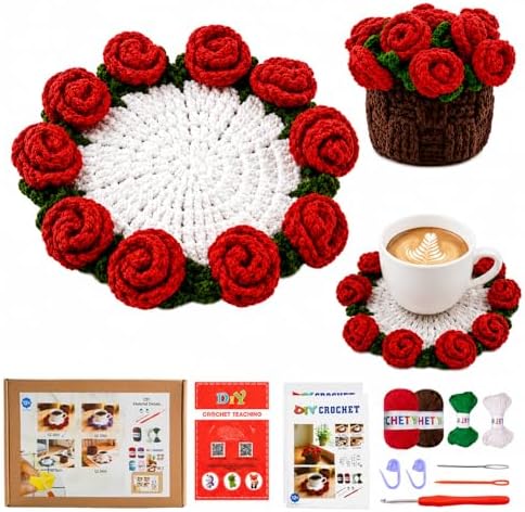 Yarniss Rose Flower Coaster Crochet Kit + Video Guide, Beginner Set