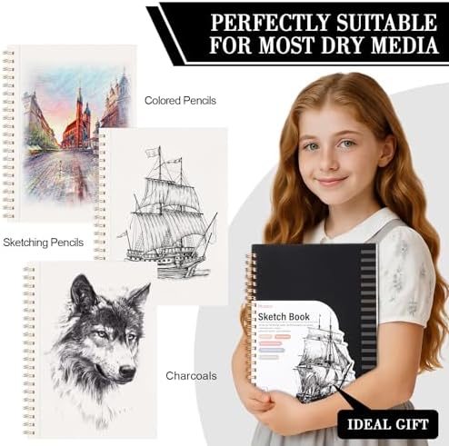 Sketch Book with 12 Colored Pencils, Spiral Bound, 9 × 12 in, 90 Sheets | 100gsm Acid-Free Paper, Hardcover, Perforated Pages, for Colored Pencils, Charcoal, Crayons And Gel Pens