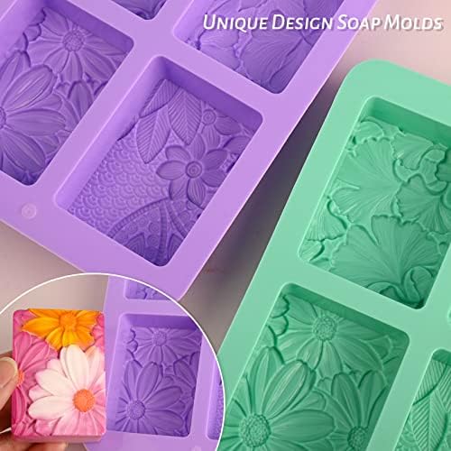 HUAKENER 2 Pack Silicone Soap Molds, Rectangle Soap Making Mold | 3D Rectangular Flower Pattern Silicone Molds for Handmade Soap, Bath Bombs, Candle, Chocolate