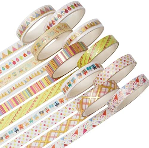 YUBBAEX 10 Rolls Sparkling Washi Tape Set 8mm Skinny Gold Foil Decorative Masking Washi Tapes for Bullet Journal,Scrapbook, Planner, DIY Crafts (Party Elements)