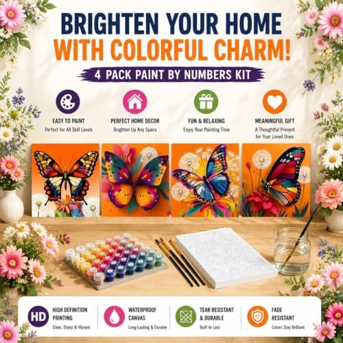 4 Pack Butterfly Paint by Numbers Kit for Kids with Frame Easel 8x8 inch