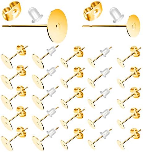 Gold Earring Posts Stainless Steel, Hypoallergenic Flat Pad Earring Studs