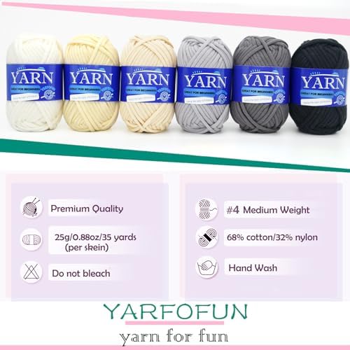 6 Pack Beginners Crochet Yarn Black Grey Beige White Cotton Nylon Blend Yarn for Crocheting Knitting with Easy-to-See Stitches - Black White Series