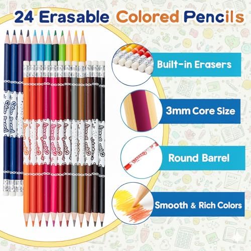 Erasable Colored Pencils Set of 24, Color Pencils with Erasers, School Art Supplies for Drawing, Coloring, Sketching, Art Projects (24 Colors)