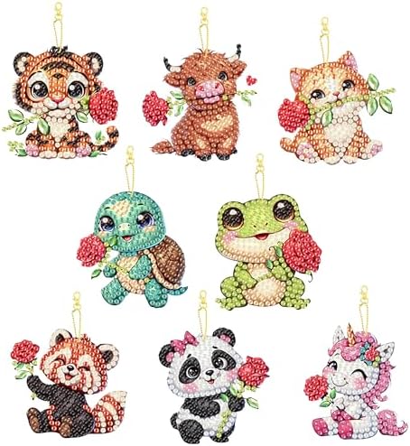 Masendp 8 Piece 5D DIY Animal Diamond Painting Double Sided Keychain Set, Flower Diamond Pendant Hanging Animal Art Decoration for Adult Beginner Pack Birthday Family Party Decoration