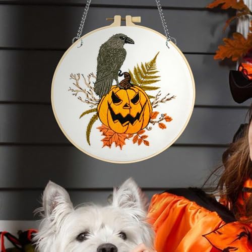 Crafmanoe Halloween Embroidery Starter Kits for Beginners Adults, Fall Pumpkin Stamped Cross Stitch Kits for Beginners Adults, Crow Gothic Embroidery Needlepoint Kits, Hoops, Fabric and Video Tutorial