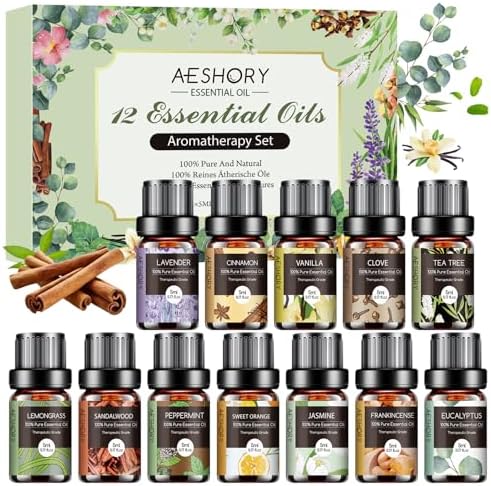 Essential Oils Set - 12 Pcs Organic Aromatherapy Essential Oil Kit for Diffuser, Humidifier, Aromatherapy, Massage, Soap, Candle Making (5mL)